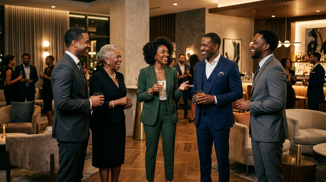 Black professionals networking and connecting at an upscale community event