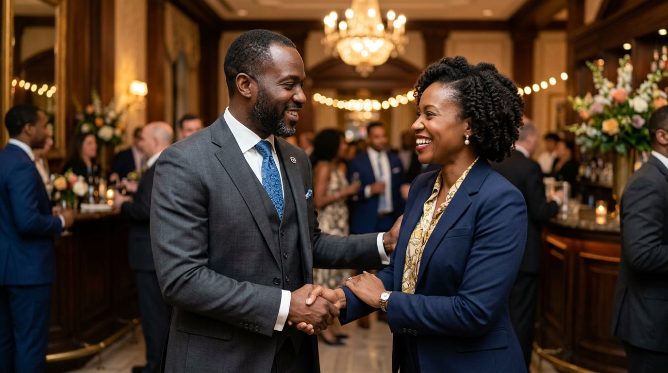 Two Black professionals greeting each other at a networking event